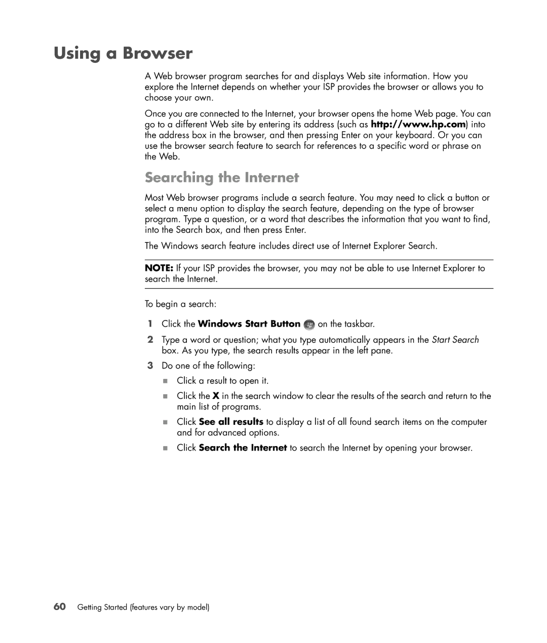 HP s3650f manual Using a Browser, Searching the Internet 