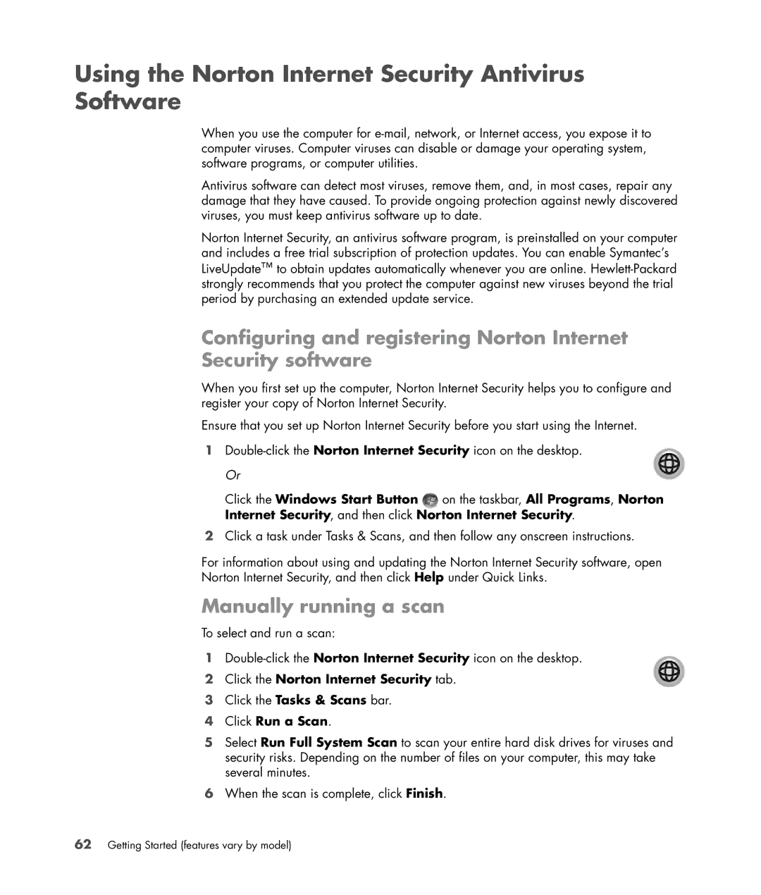 HP s3650f manual Using the Norton Internet Security Antivirus Software, Manually running a scan, Click Run a Scan 