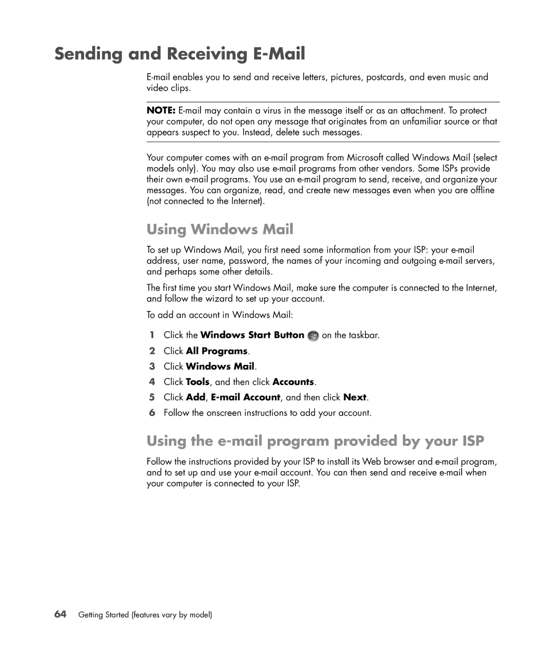 HP s3650f manual Sending and Receiving E-Mail, Using Windows Mail, Using the e-mail program provided by your ISP 