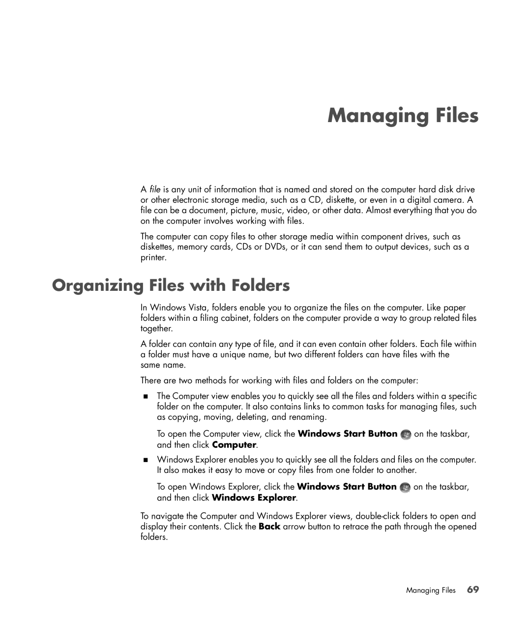 HP s3650f manual Managing Files, Organizing Files with Folders 