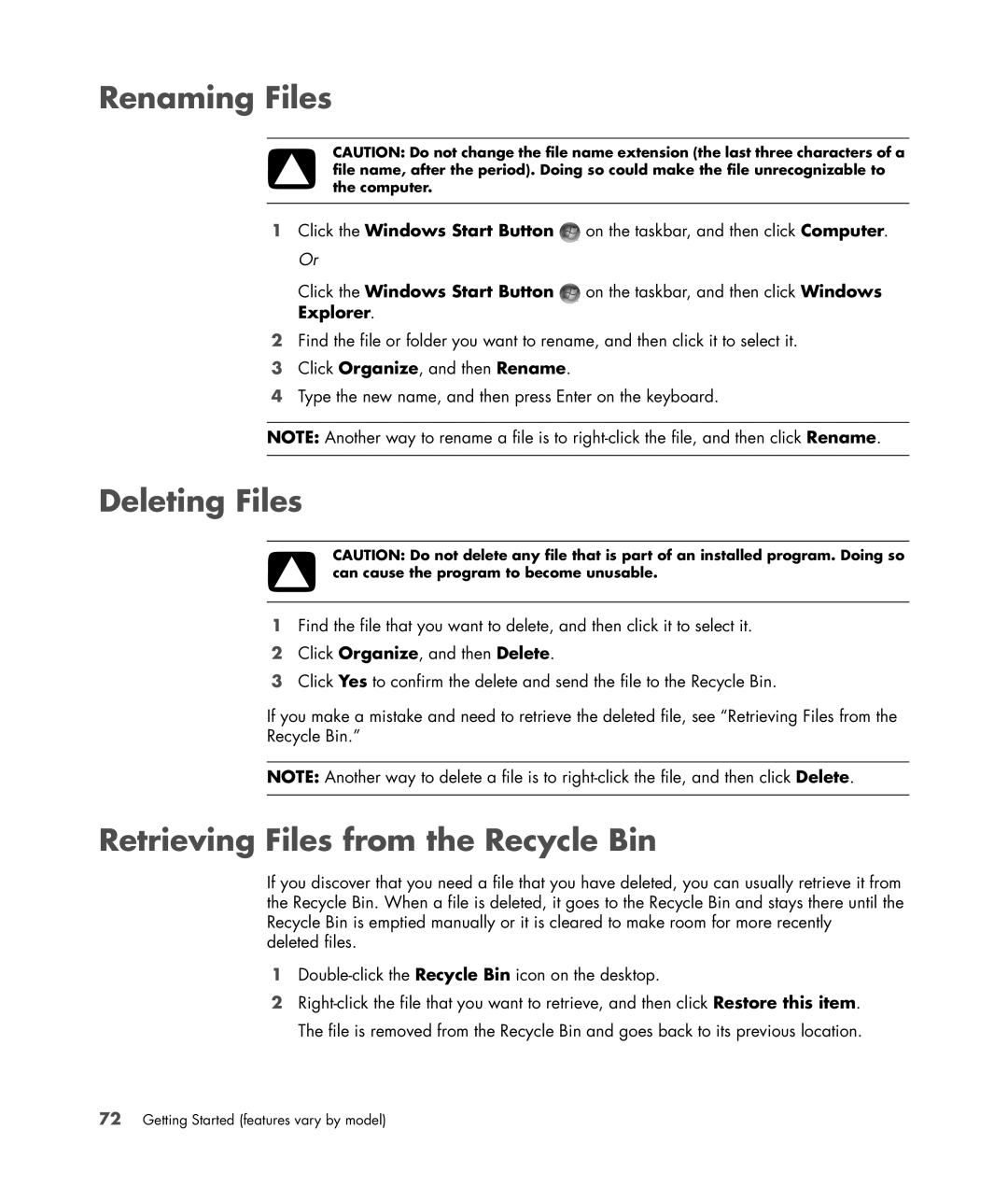 HP s3650f manual Renaming Files, Deleting Files, Retrieving Files from the Recycle Bin 