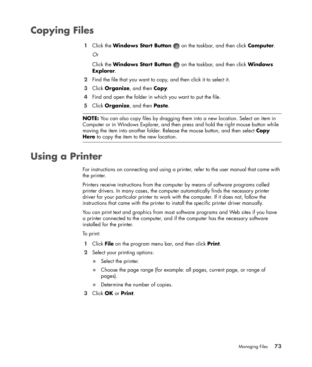 HP s3650f manual Copying Files, Using a Printer 