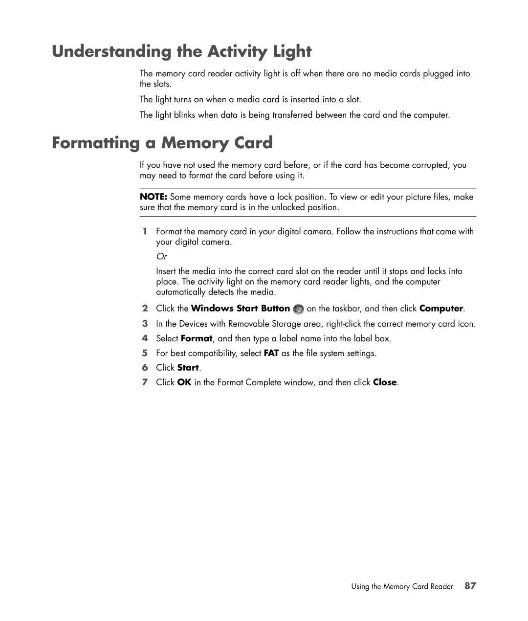 HP s3650f manual Understanding the Activity Light, Formatting a Memory Card 