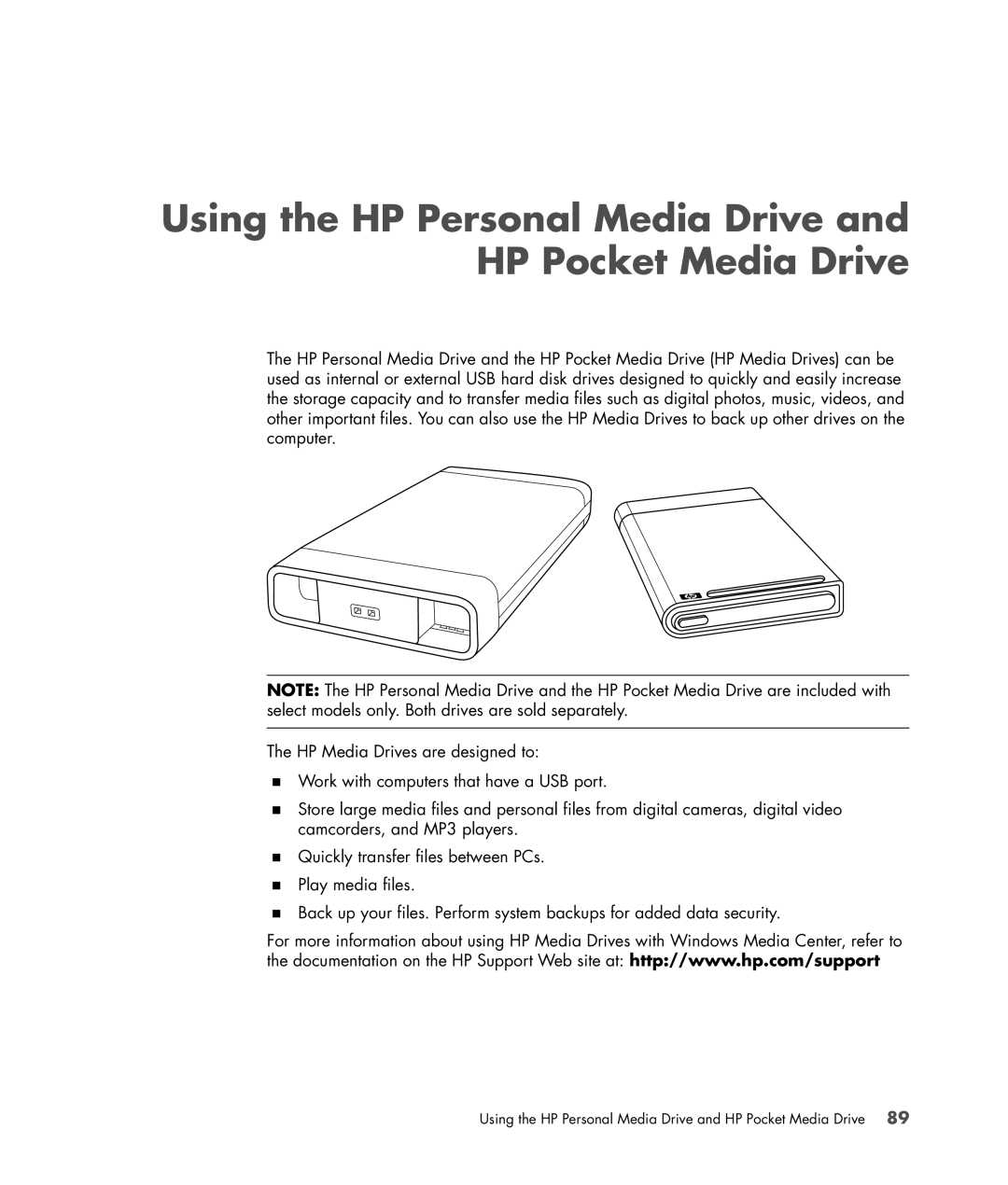 HP s3650f manual Using the HP Personal Media Drive and HP Pocket Media Drive 