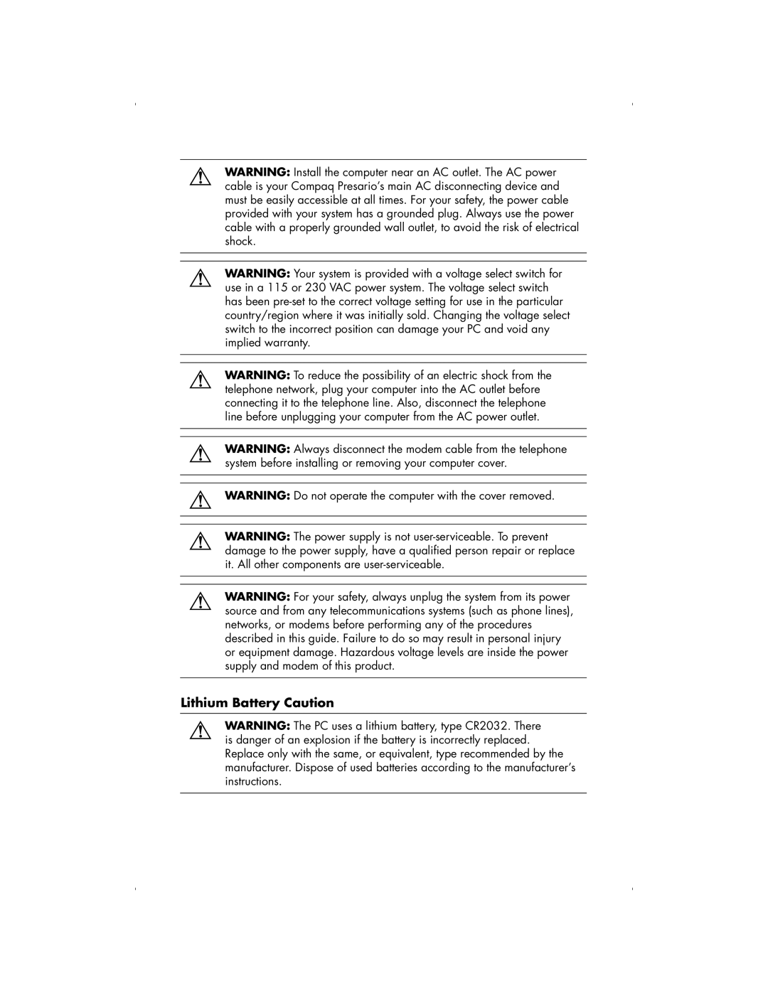 HP S3190UK, S3750UK, S4100UK, S4150UK, S3150UK, S3350UK, S4500UK, S4490UK, S4200UK, S4700UK manual Lithium Battery Caution 