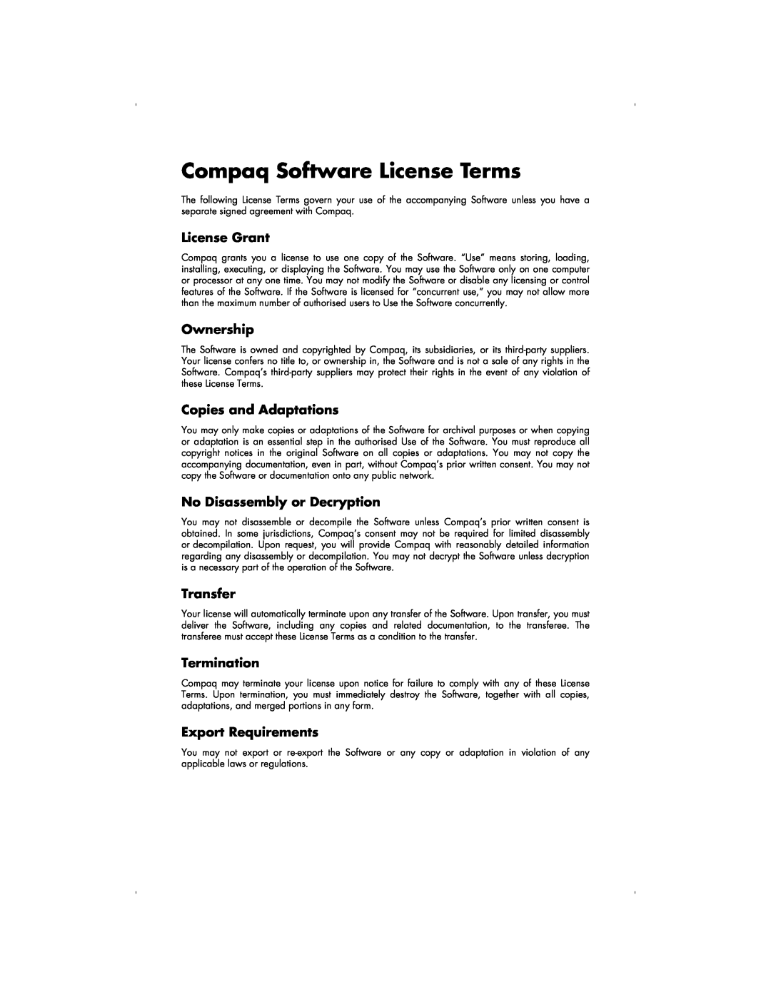 HP S3190UK Compaq Software License Terms, License Grant, Ownership, Copies and Adaptations, No Disassembly or Decryption 