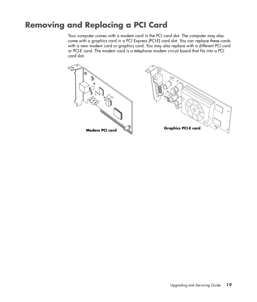 HP S3905F manual Removing and Replacing a PCI Card 