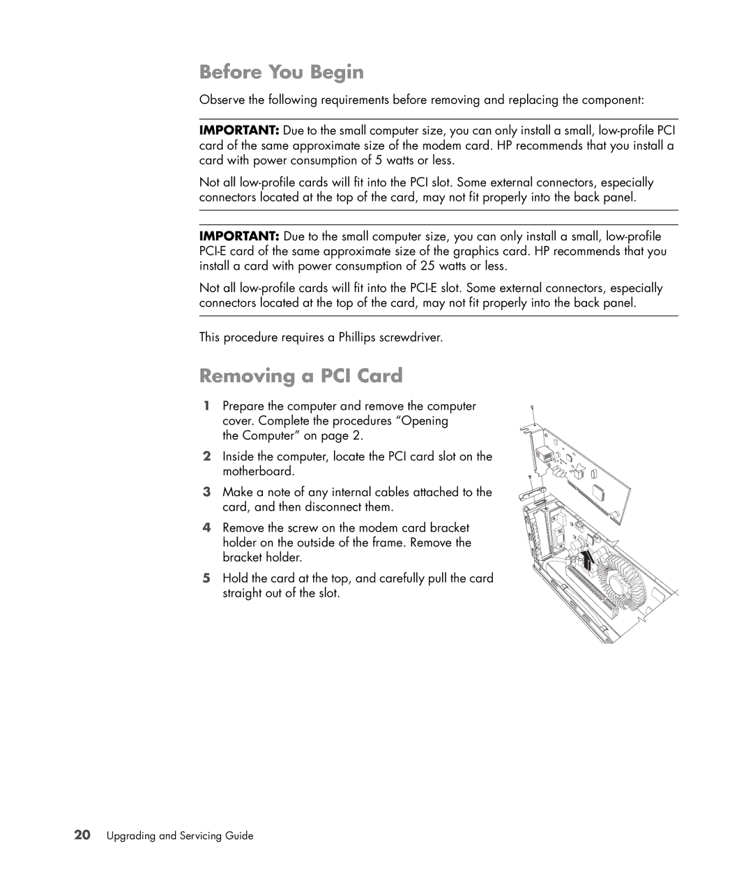 HP S3905F manual Before You Begin, Removing a PCI Card 