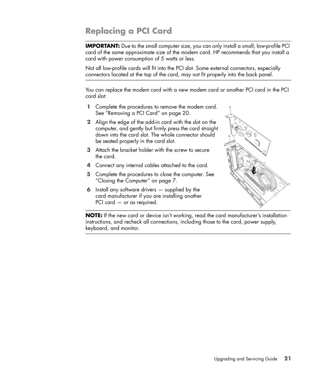 HP S3905F manual Replacing a PCI Card 