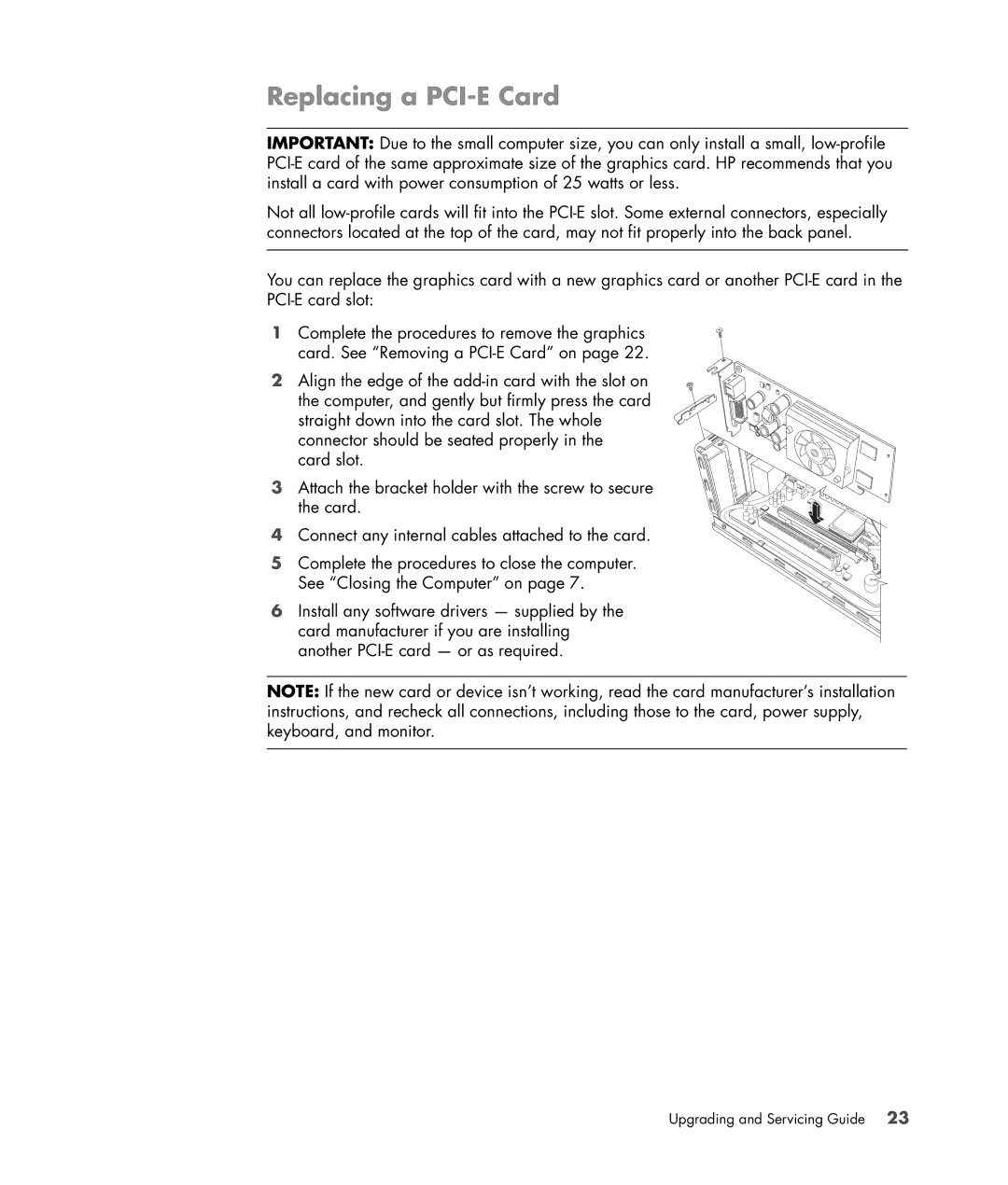 HP S3905F manual Replacing a PCI-E Card 