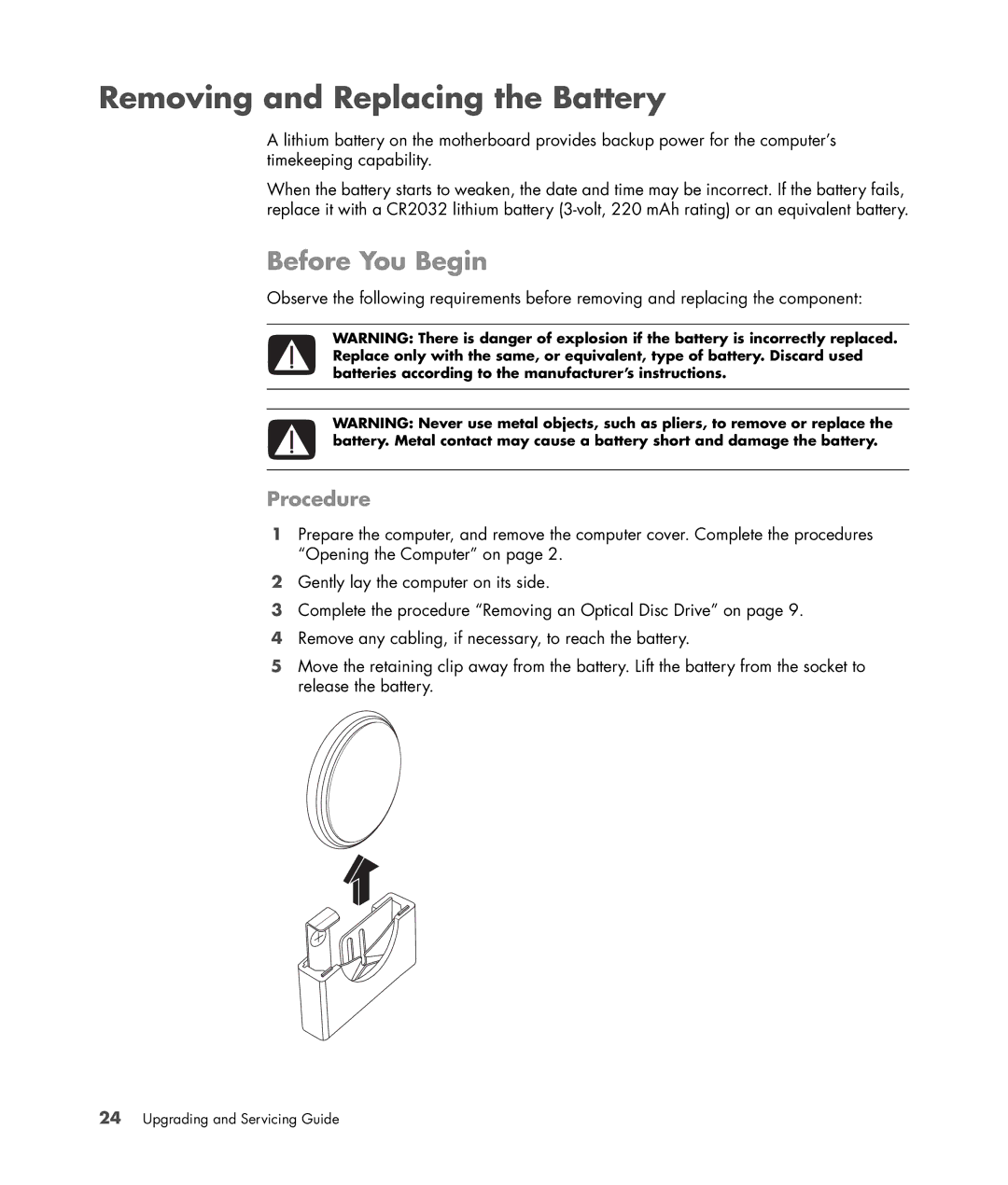 HP S3905F manual Removing and Replacing the Battery, Procedure 