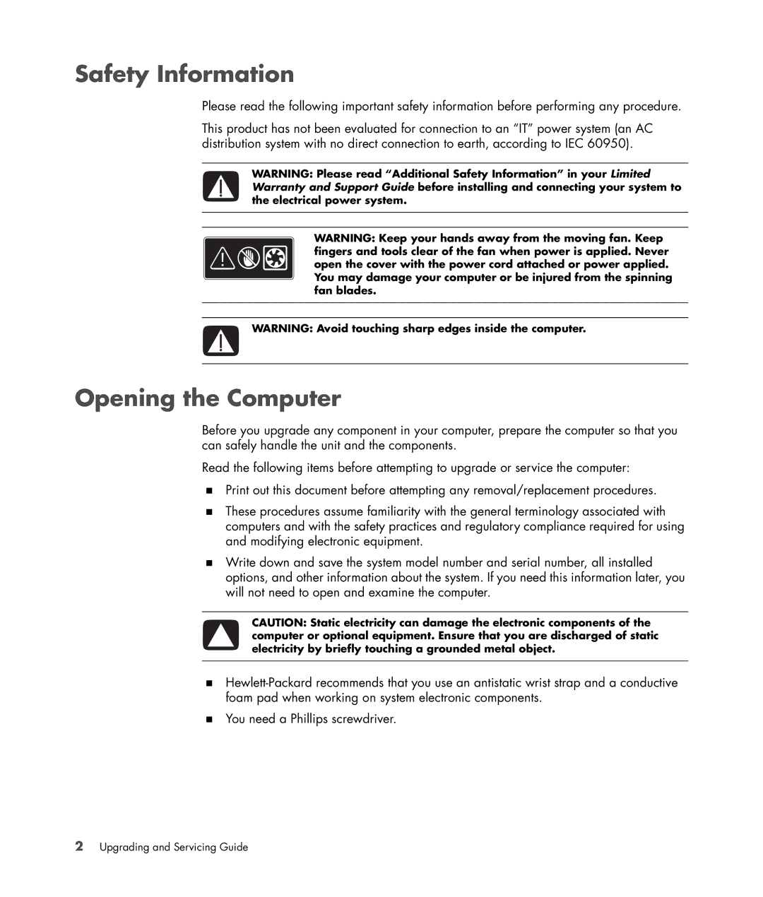 HP S3905F manual Safety Information, Opening the Computer 