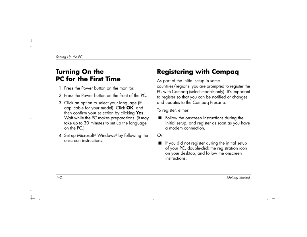 HP S3150UK, S4100UK, S4150UK, S3190UK, S3350UK, S4500UK, S4200UK manual Turning On PC for the First Time, Registering with Compaq 