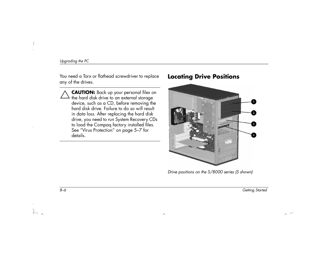 HP S3150UK, S4100UK, S4150UK, S3190UK, S3350UK, S4500UK, S4200UK, S4700UK manual Drive positions on the S/8000 series S shown 