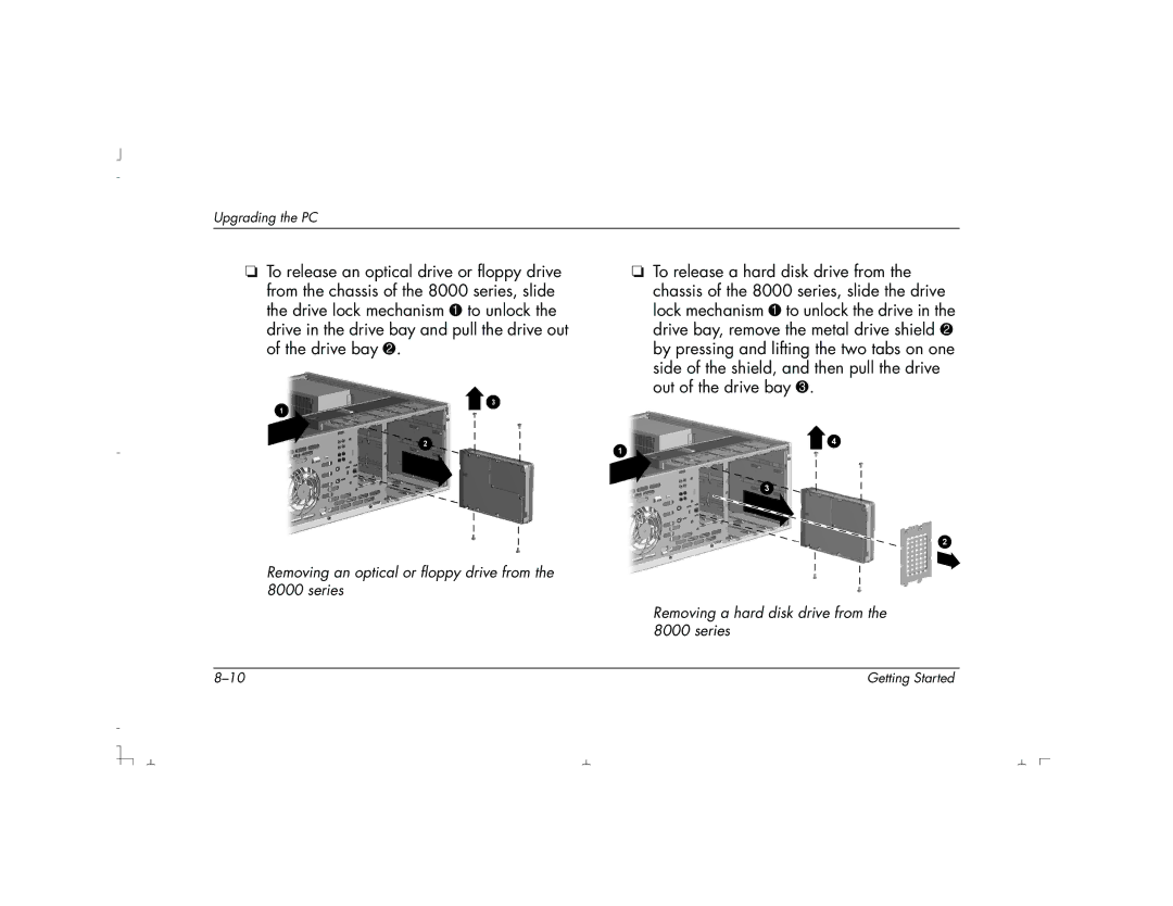 HP S4200UK, S4100UK, S4150UK, S3150UK, S3190UK, S3350UK, S4500UK manual Removing an optical or floppy drive from the 8000 series 