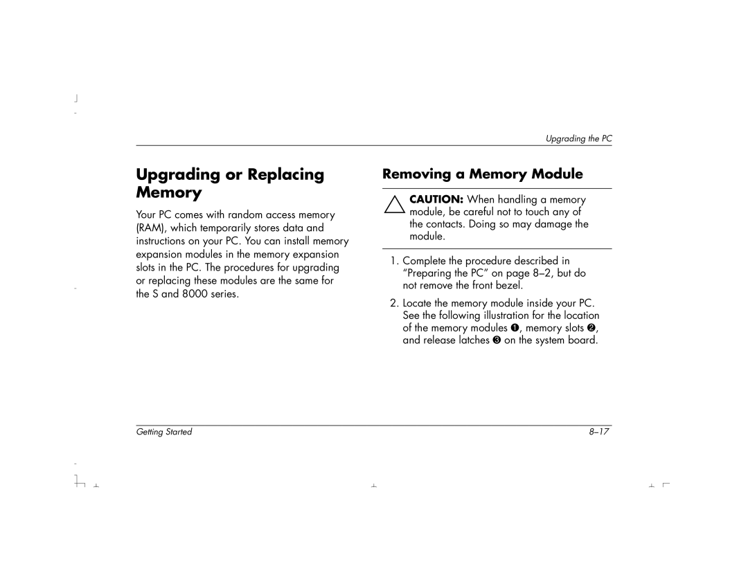 HP S4500UK, S4100UK, S4150UK, S3150UK, S3190UK, S3350UK, S4200UK manual Upgrading or Replacing Memory, Removing a Memory Module 