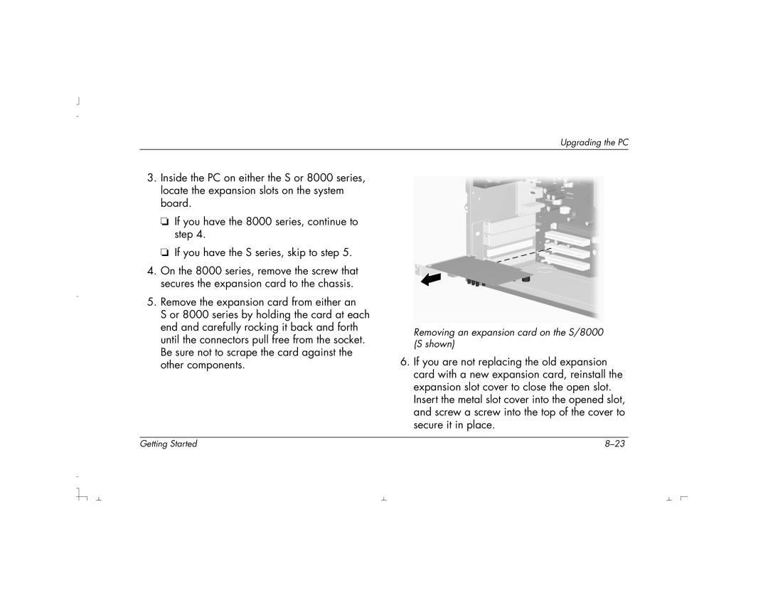 HP S3190UK, S4100UK, S4150UK, S3150UK, S3350UK, S4500UK, S4200UK, S4700UK manual Removing an expansion card on the S/8000 S shown 