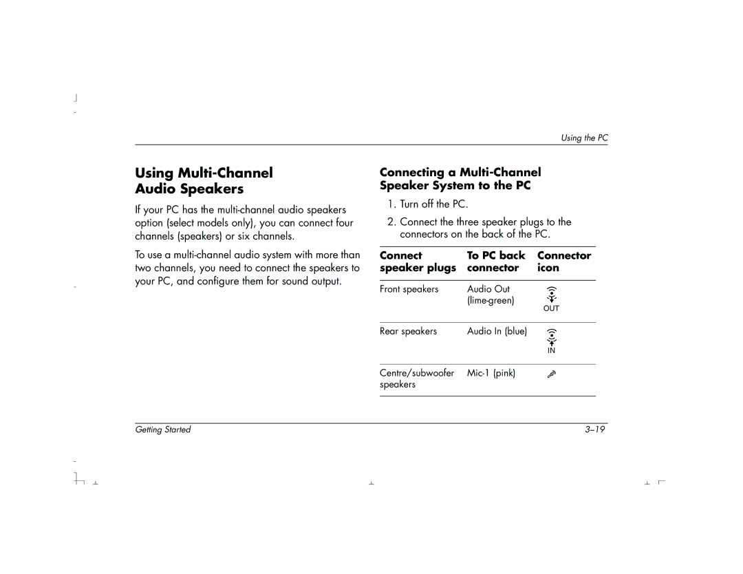 HP S4150UK, S4100UK, S3150UK manual Using Multi-Channel Audio Speakers, Connecting a Multi-Channel Speaker System to the PC 