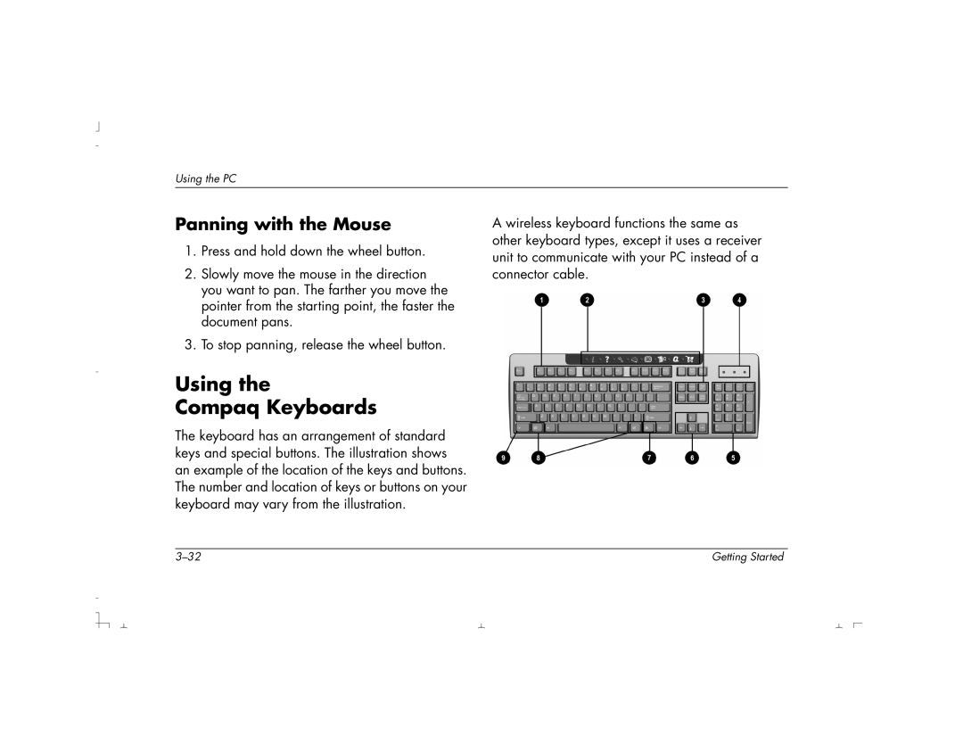 HP S4200UK, S4100UK, S4150UK, S3150UK, S3190UK, S3350UK, S4500UK, S4700UK manual Using Compaq Keyboards, Panning with the Mouse 