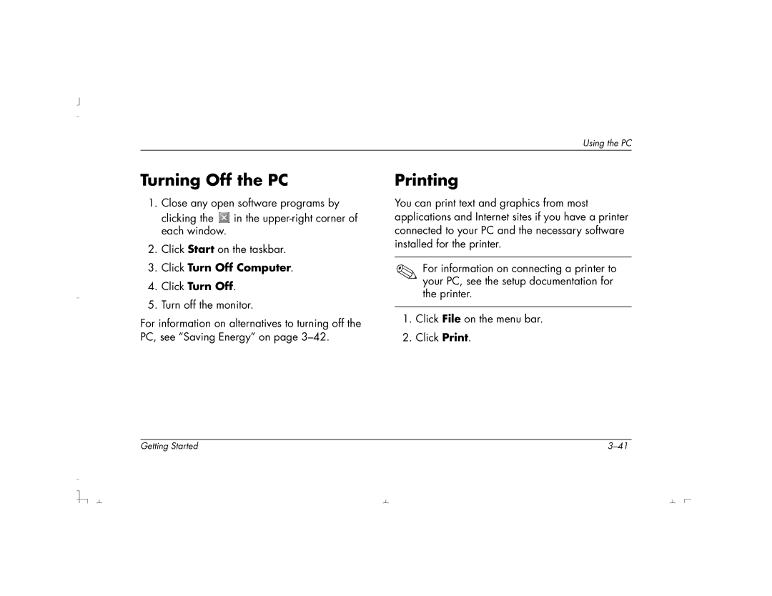 HP S4700UK, S4100UK, S4150UK, S3150UK, S3190UK, S3350UK, S4500UK, S4200UK Turning Off the PC, Printing, Click Turn Off Computer 