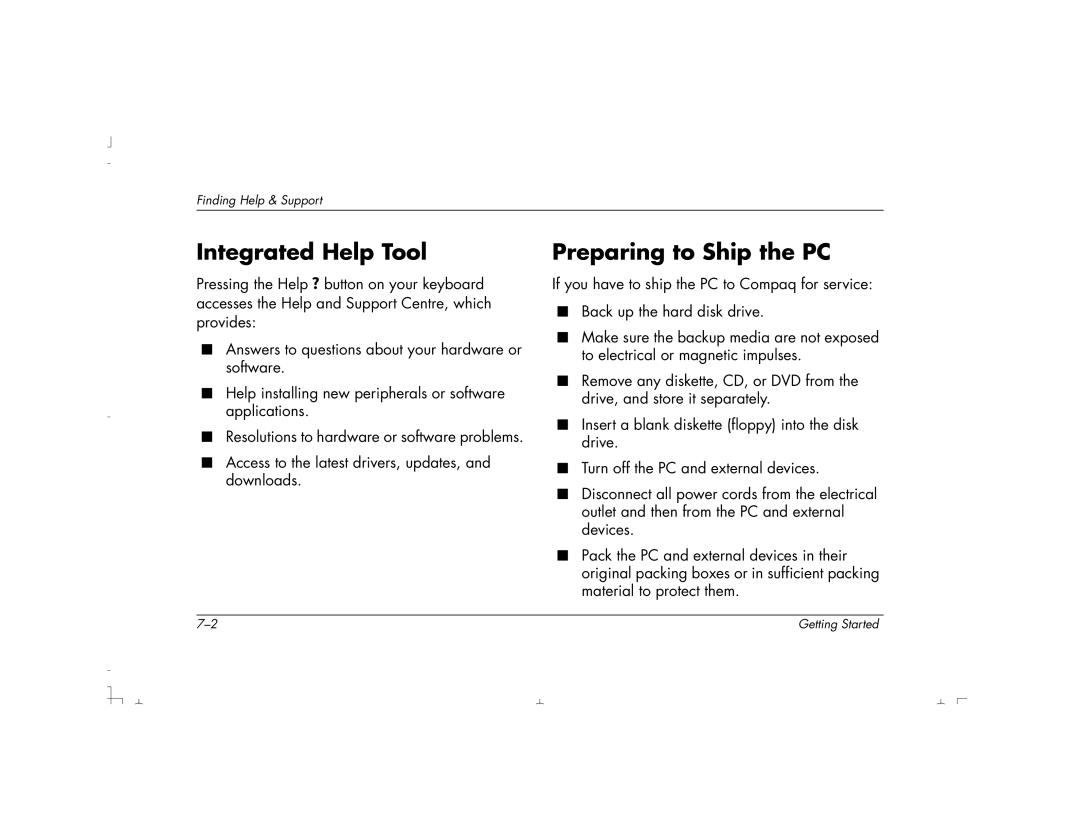 HP S4100UK, S4150UK, S3150UK, S3190UK, S3350UK, S4500UK, S4200UK, S4700UK manual Integrated Help Tool, Preparing to Ship the PC 