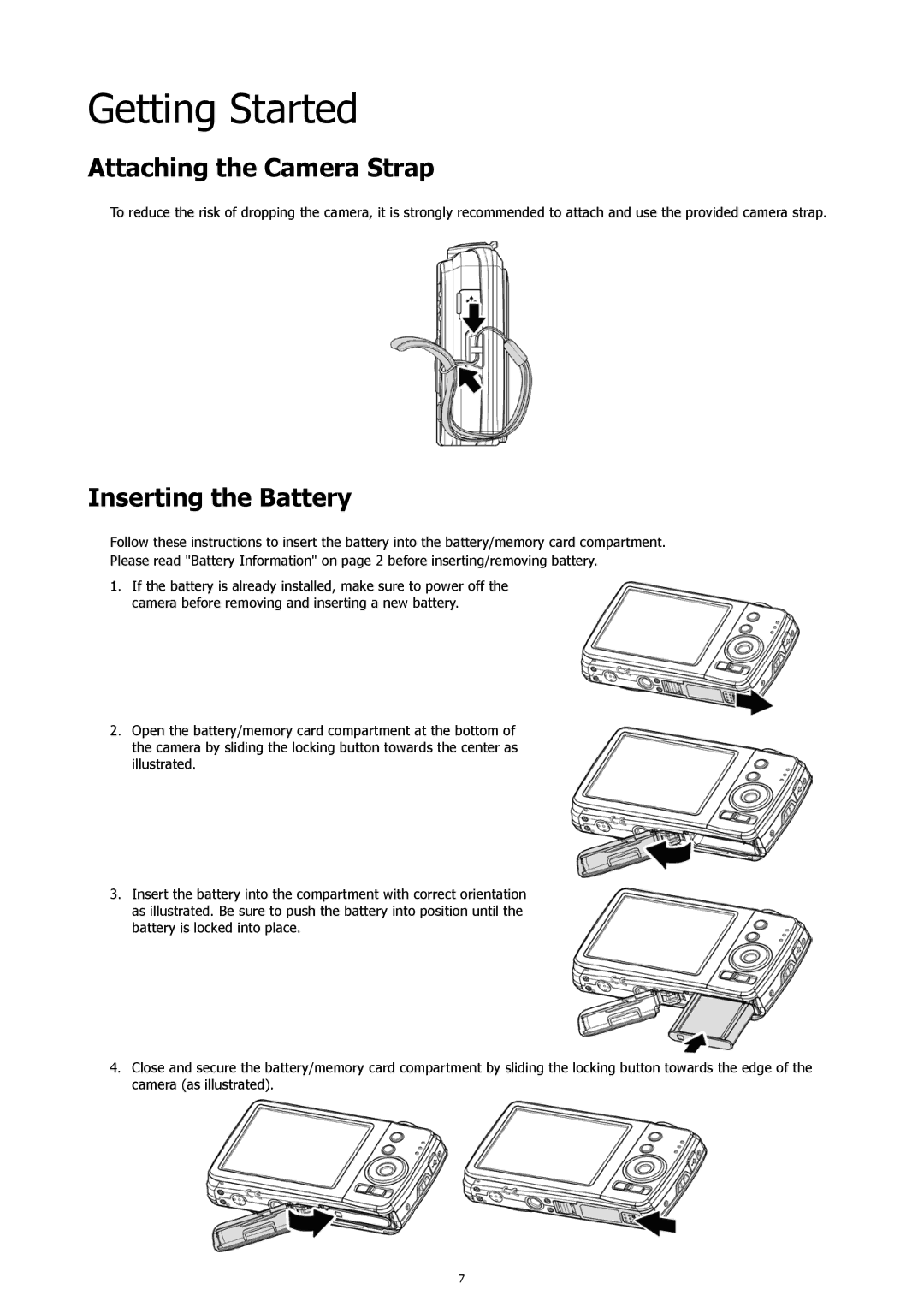 HP s500 Black manual Getting Started, Attaching the Camera Strap, Inserting the Battery 