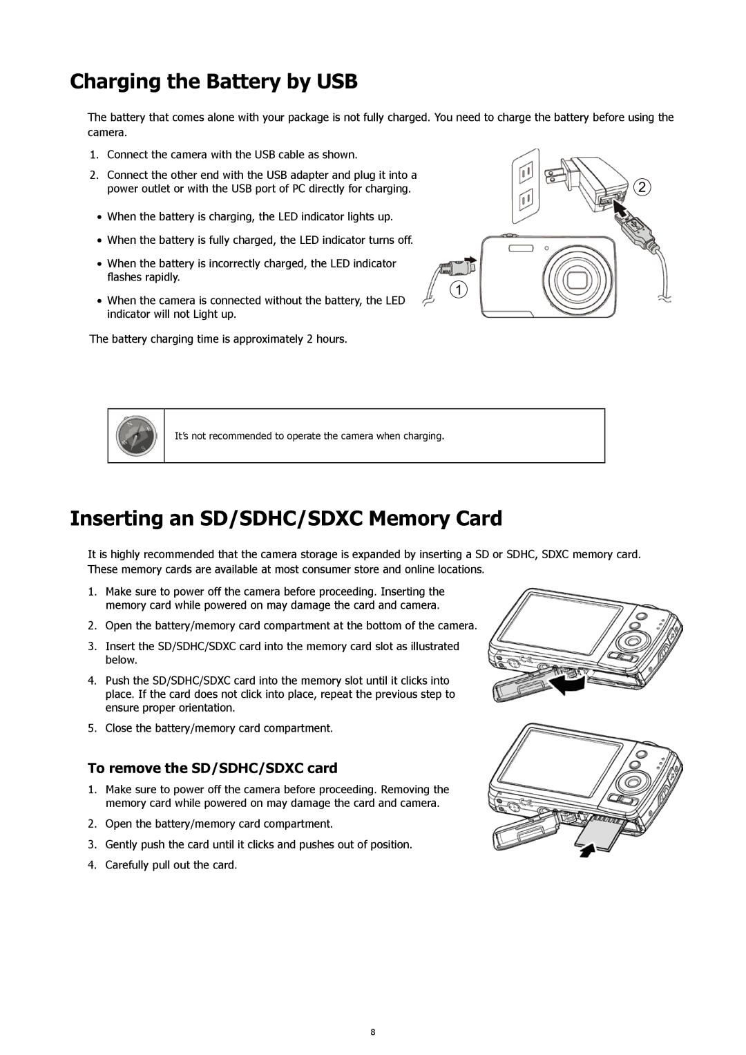 HP s500 Black manual Charging the Battery by USB, Inserting an SD/SDHC/SDXC Memory Card, To remove the SD/SDHC/SDXC card 