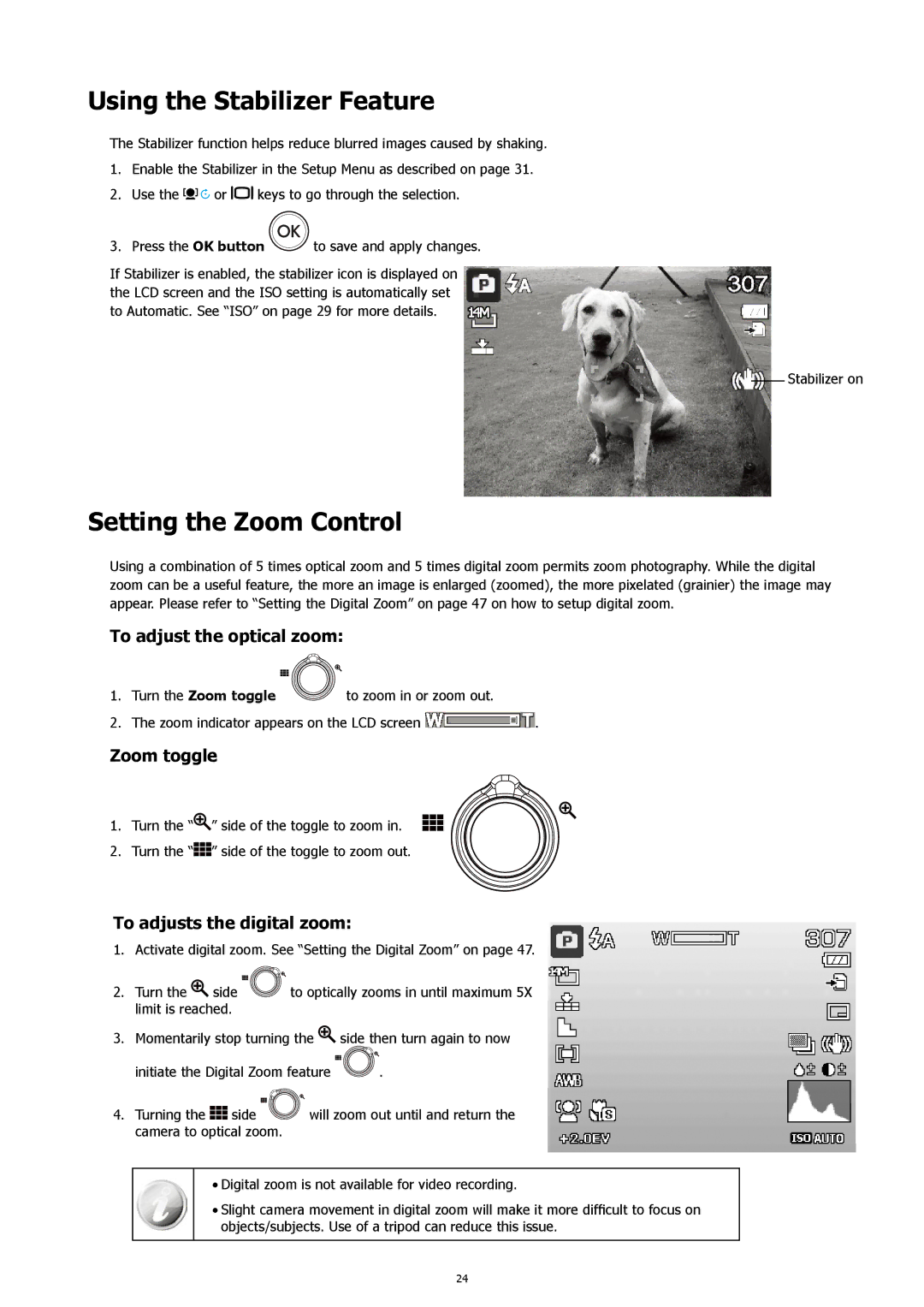 HP s500 Black manual Using the Stabilizer Feature, Setting the Zoom Control, To adjust the optical zoom, Zoom toggle 