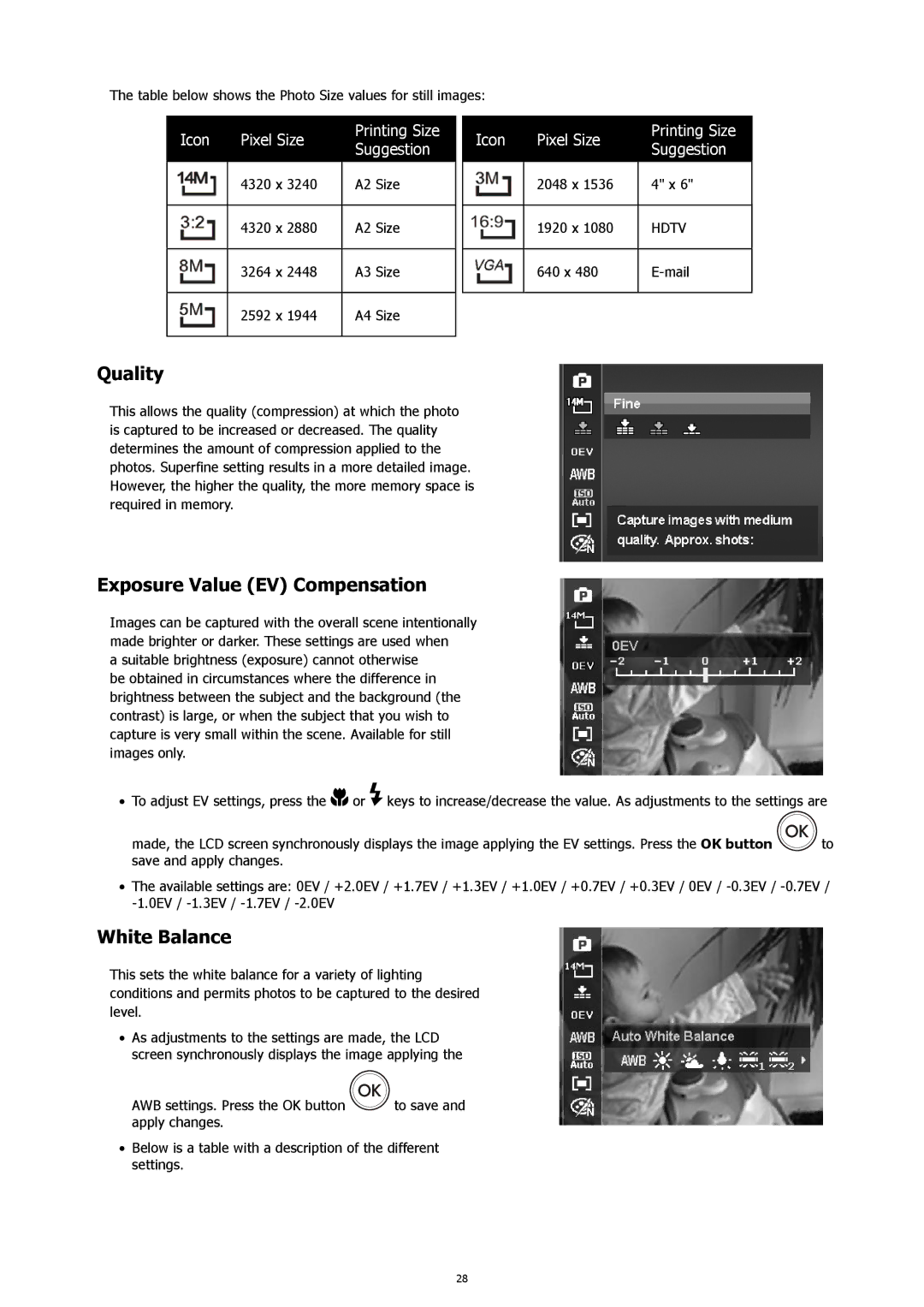 HP s500 Black manual Quality, Exposure Value EV Compensation, White Balance 