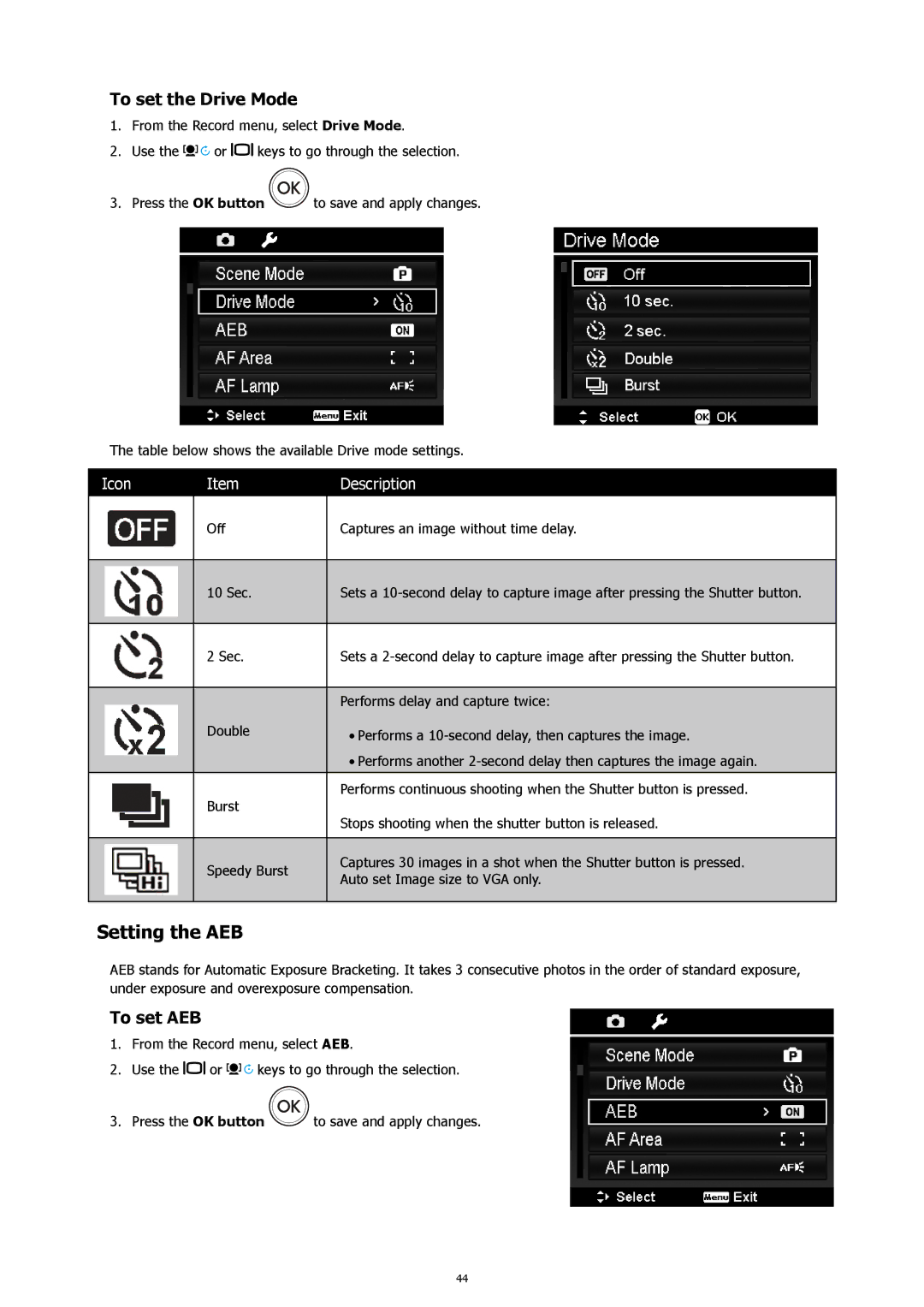 HP s500 Black manual Setting the AEB, To set the Drive Mode, To set AEB 