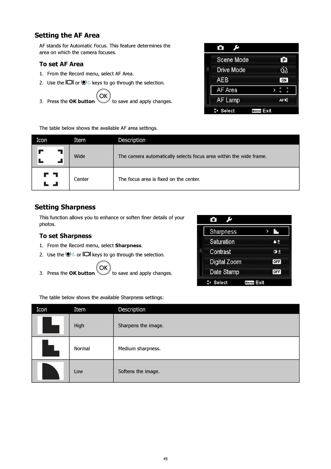 HP s500 Black manual Setting the AF Area, Setting Sharpness, To set AF Area, To set Sharpness 