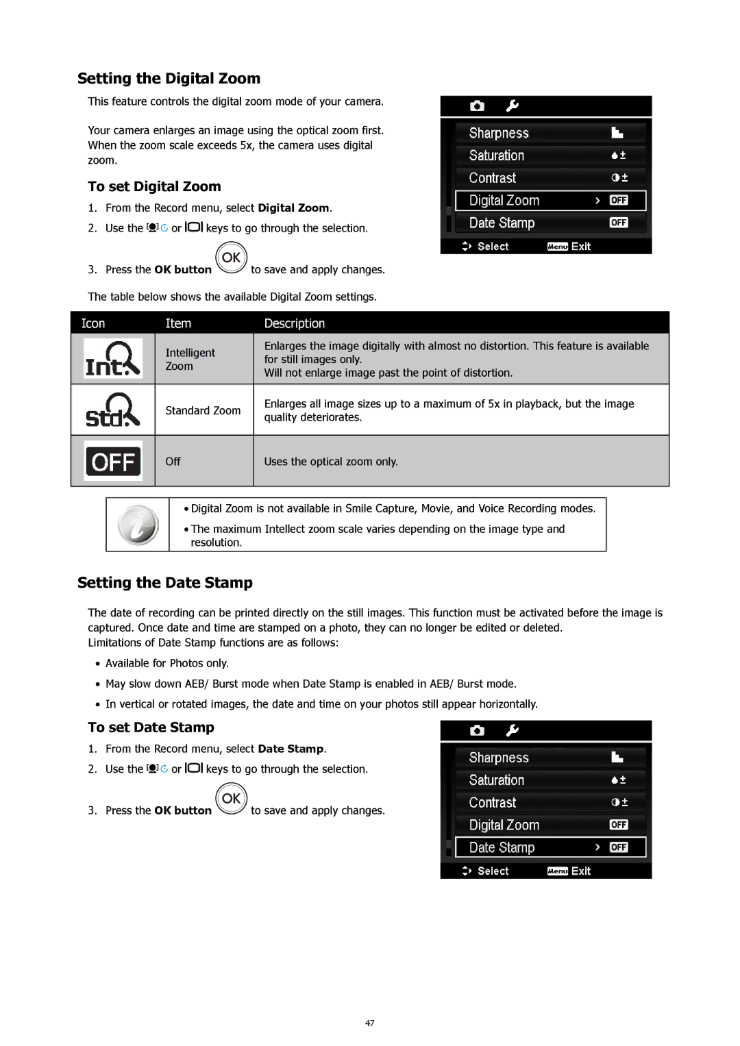 HP s500 Black manual Setting the Digital Zoom, Setting the Date Stamp, To set Digital Zoom, To set Date Stamp 