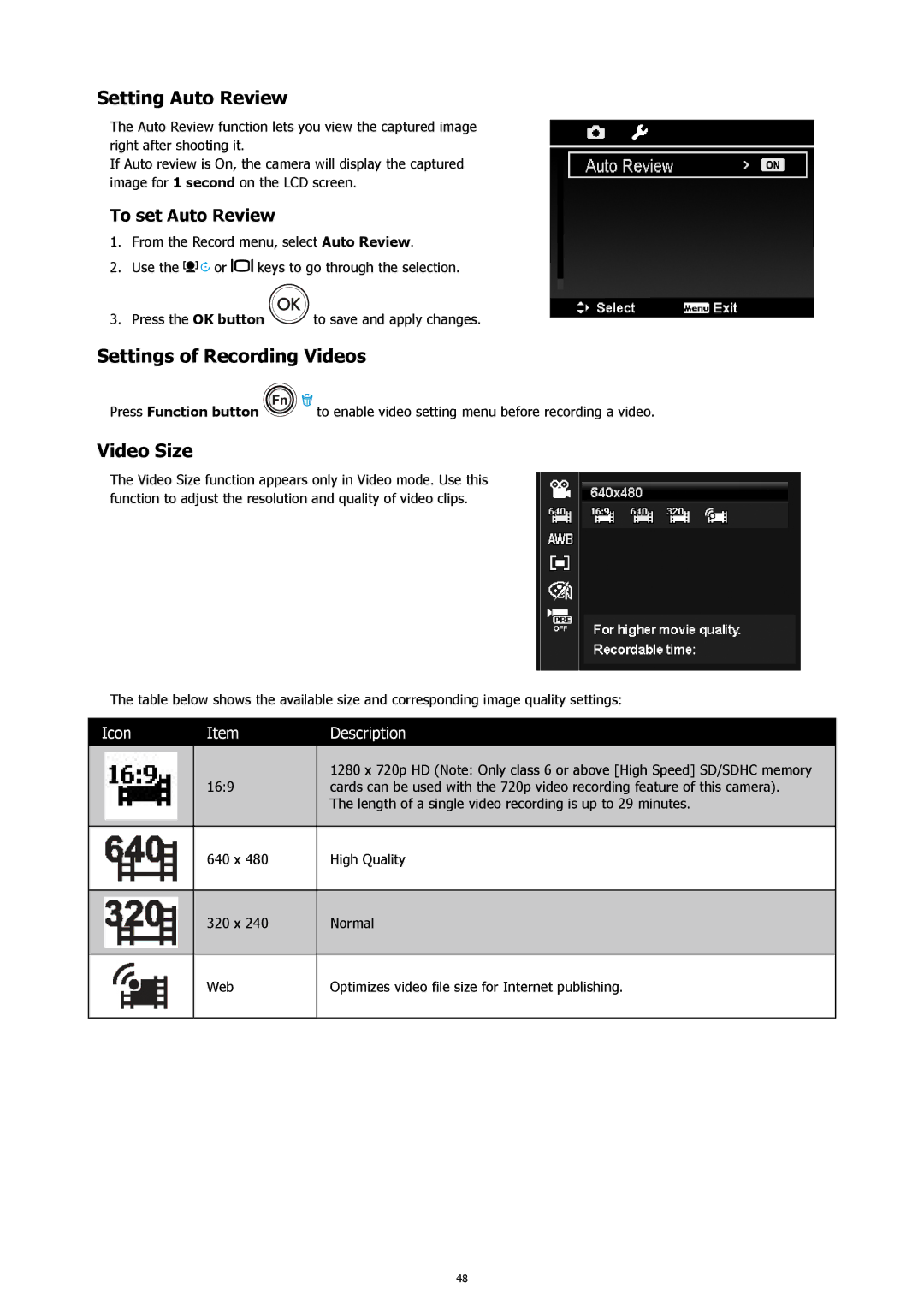 HP s500 Black manual Setting Auto Review, Settings of Recording Videos, Video Size, To set Auto Review 