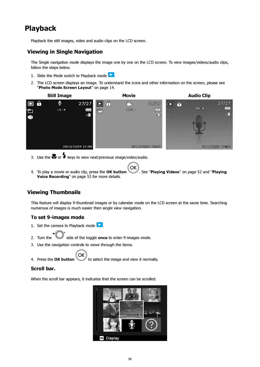 HP s500 Black manual Playback, Viewing in Single Navigation, Viewing Thumbnails, To set 9-images mode, Scroll bar 