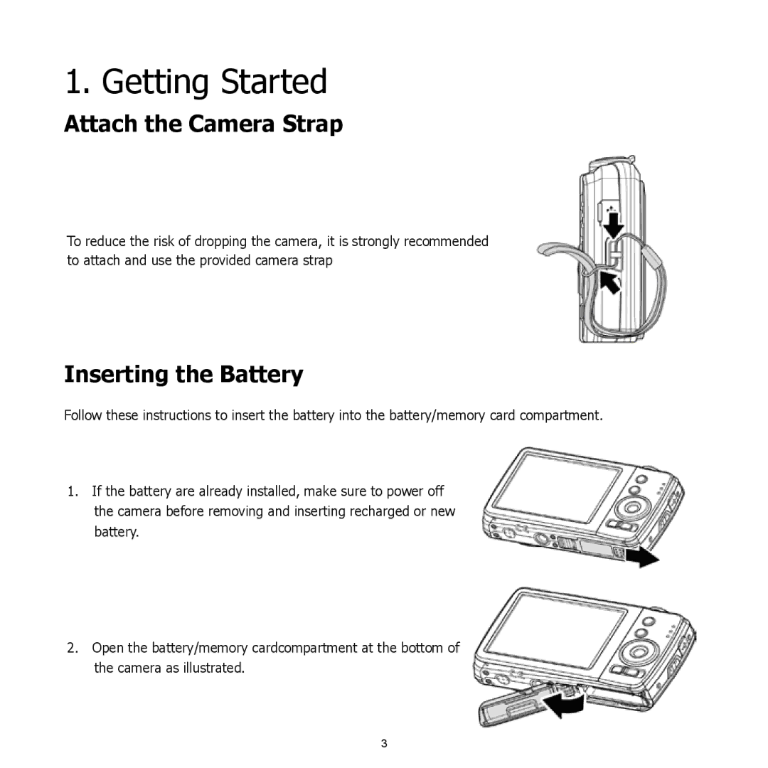 HP s500 Black manual Getting Started, Attach the Camera Strap, Inserting the Battery 