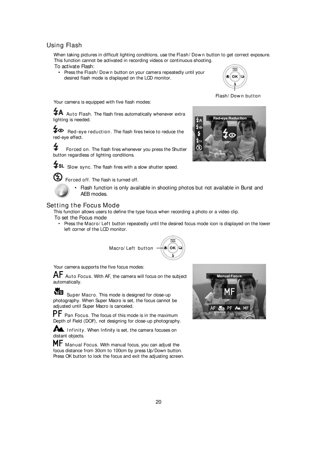 HP s510 manual Using Flash, Setting the Focus Mode, To activate Flash, To set the Focus mode 