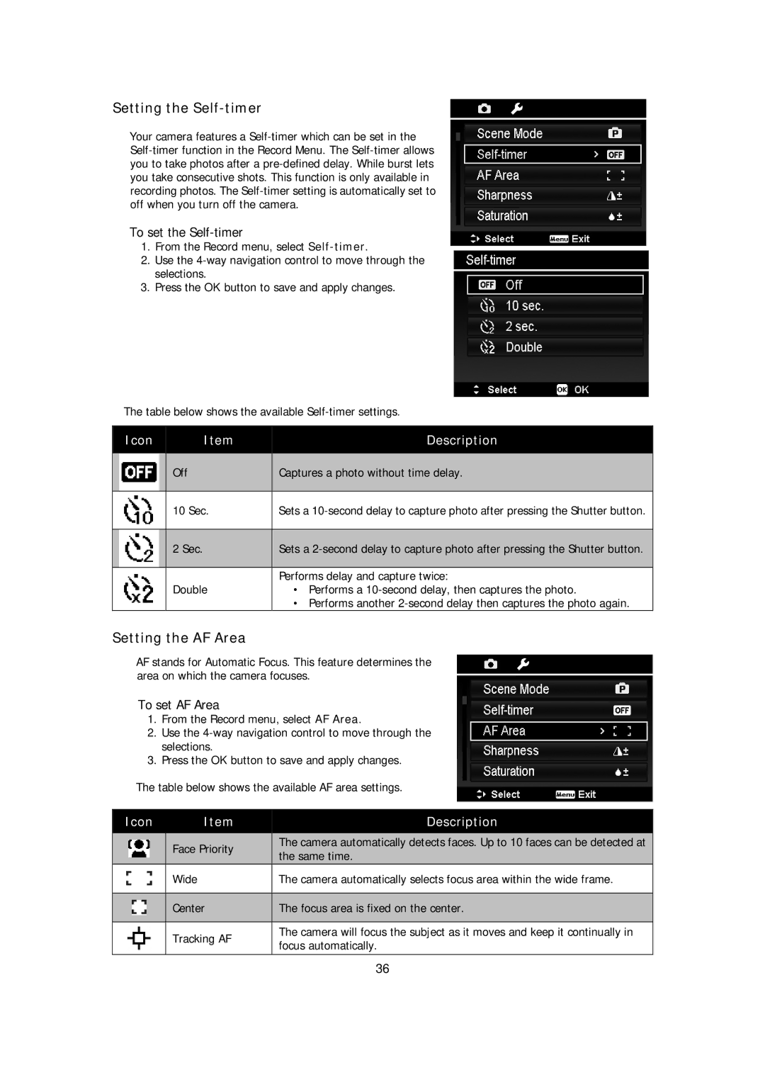 HP s510 manual Setting the Self-timer, Setting the AF Area, To set the Self-timer, To set AF Area 