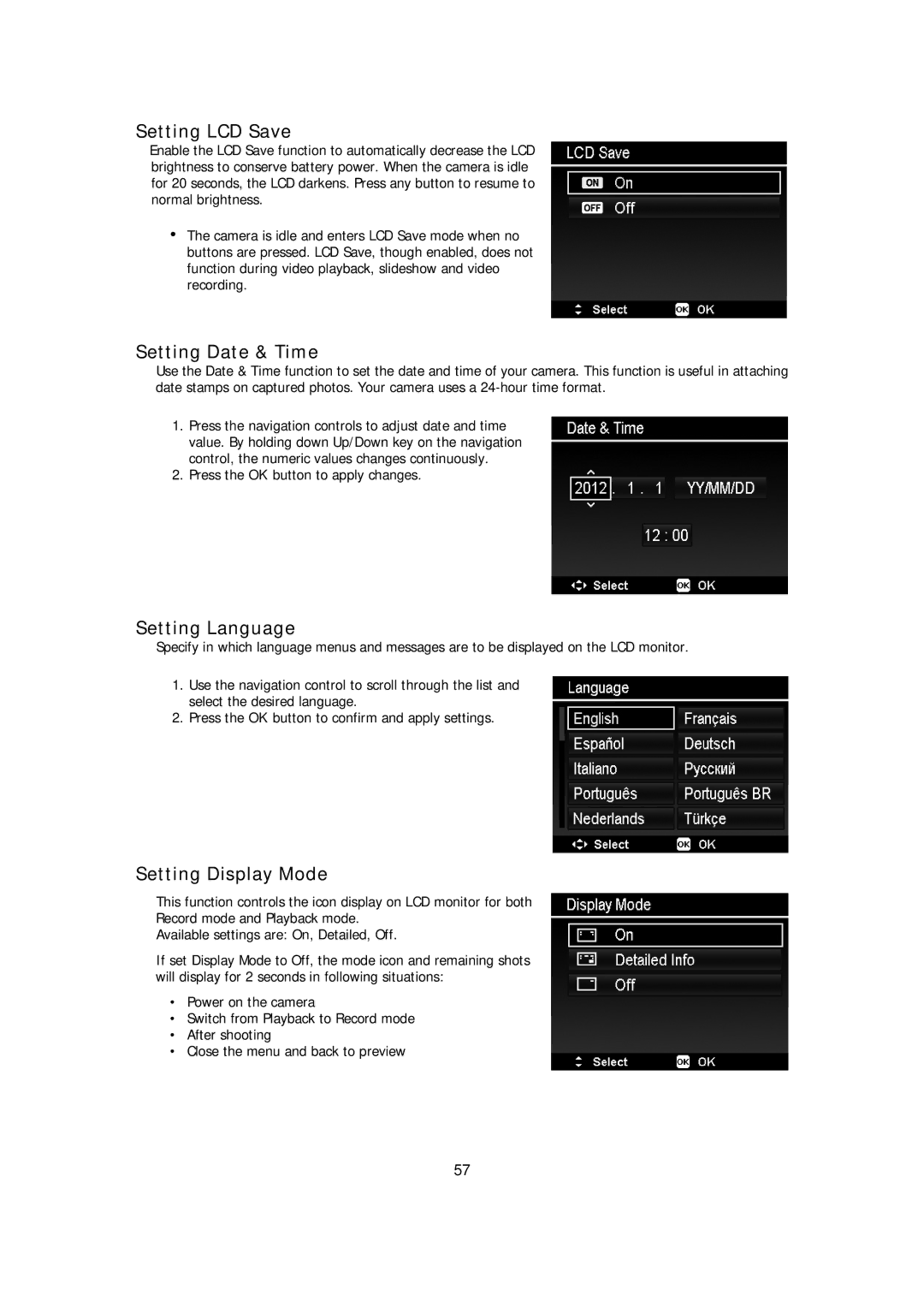 HP s510 manual Setting LCD Save, Setting Date & Time, Setting Language, Setting Display Mode 