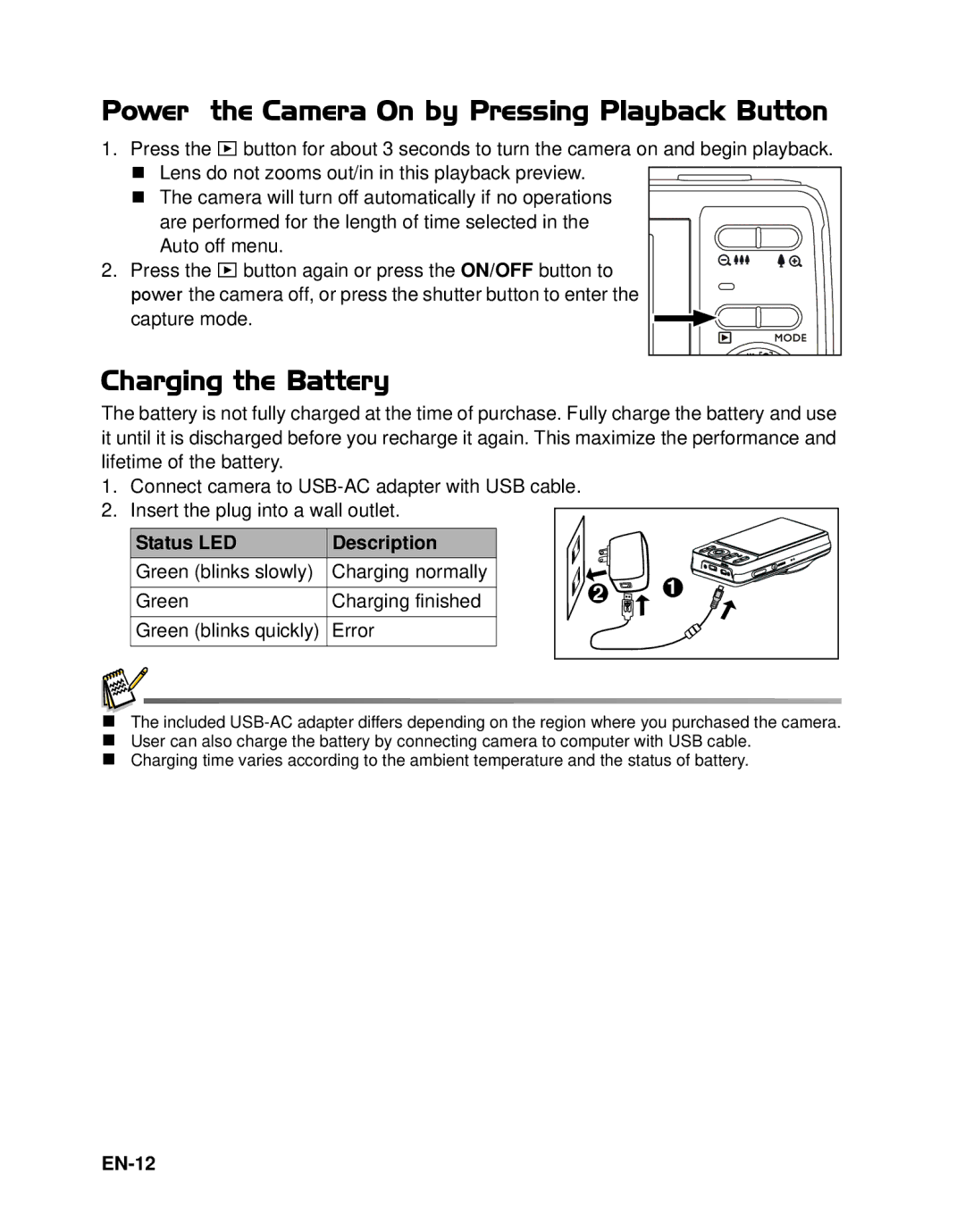 HP s520 manual Power the Camera On by Pressing Playback Button, Charging the Battery, Status LED Description, EN-12 