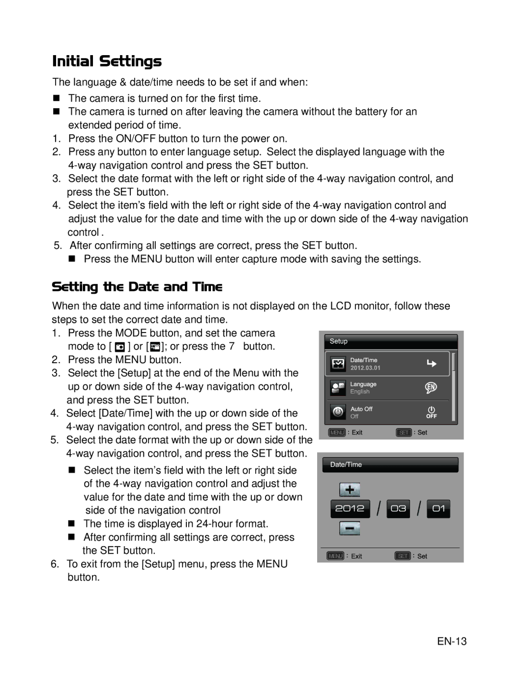 HP s520 manual Initial Settings, Setting the Date and Time, EN-13 