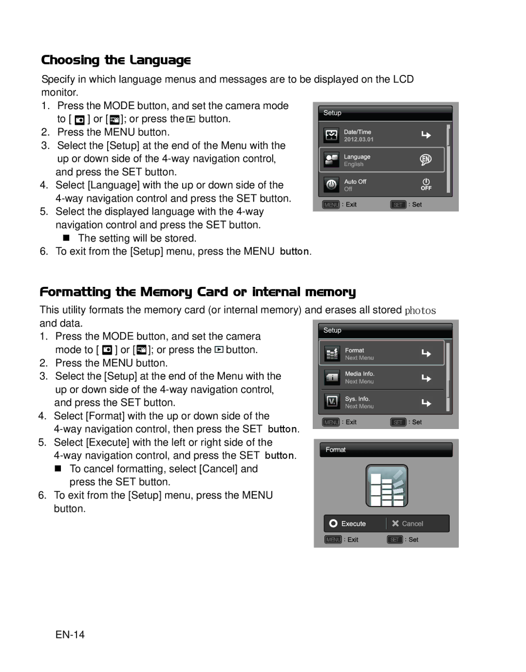 HP s520 manual Choosing the Language, Formatting the Memory Card or internal memory, EN-14 