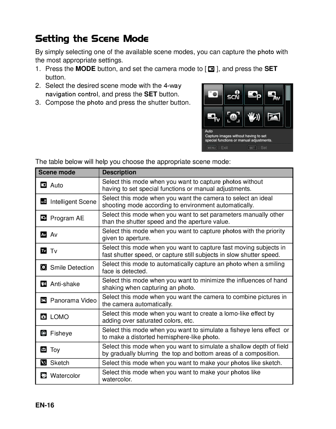 HP s520 manual Setting the Scene Mode, EN-16 