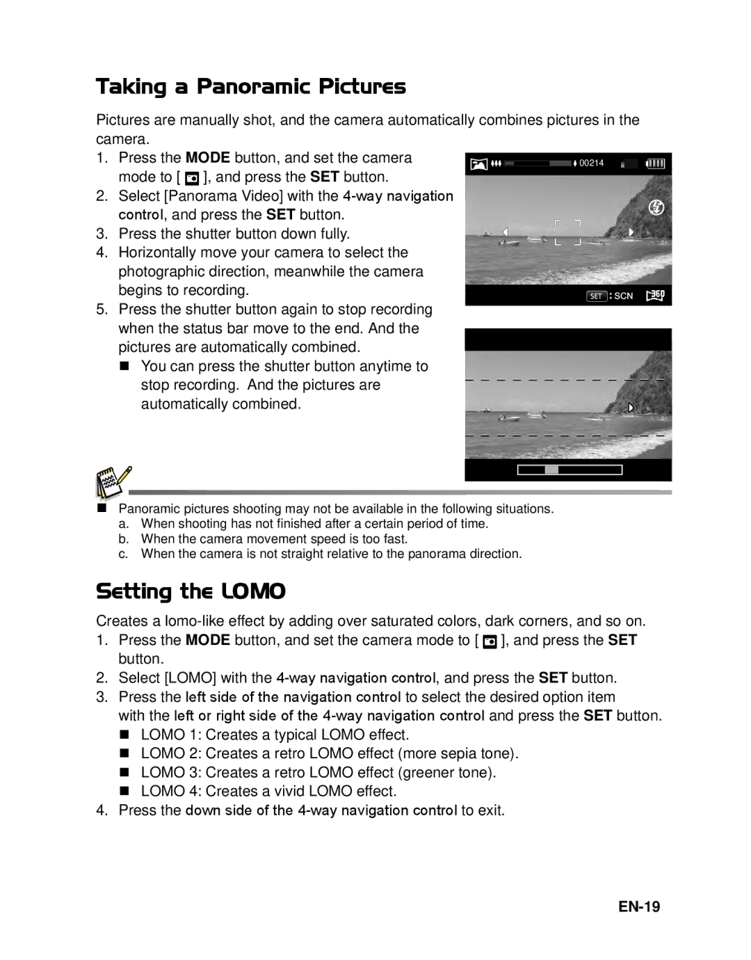 HP s520 manual Taking a Panoramic Pictures, Setting the Lomo, EN-19 