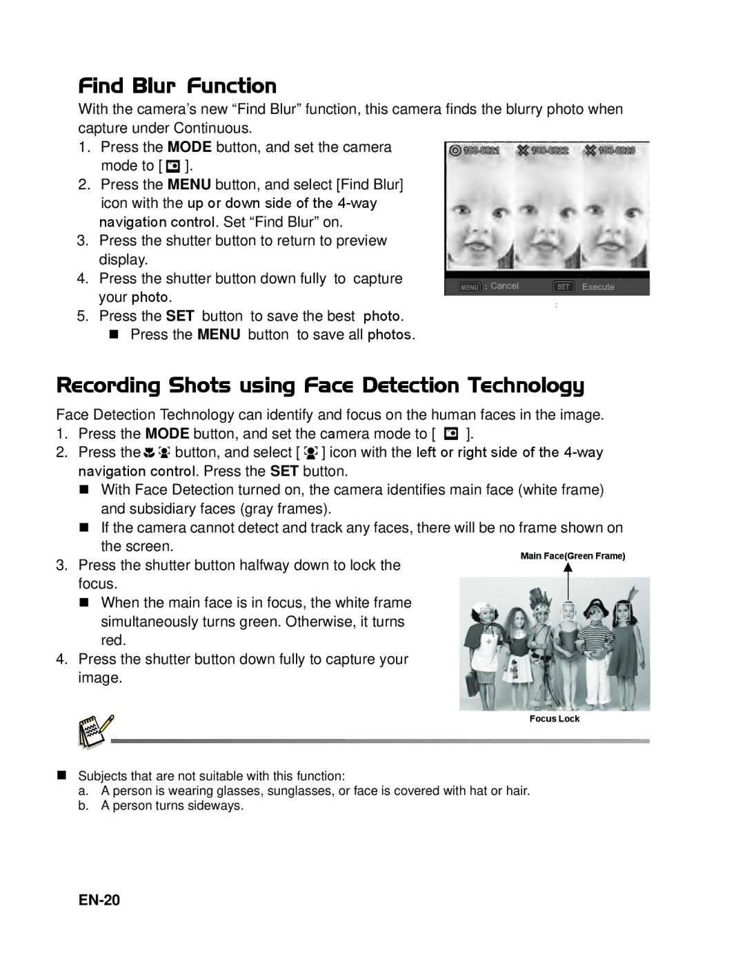 HP s520 manual Find Blur Function, Recording Shots using Face Detection Technology, EN-20 