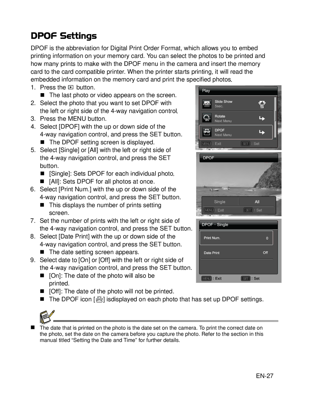 HP s520 manual Dpof Settings, EN-27 