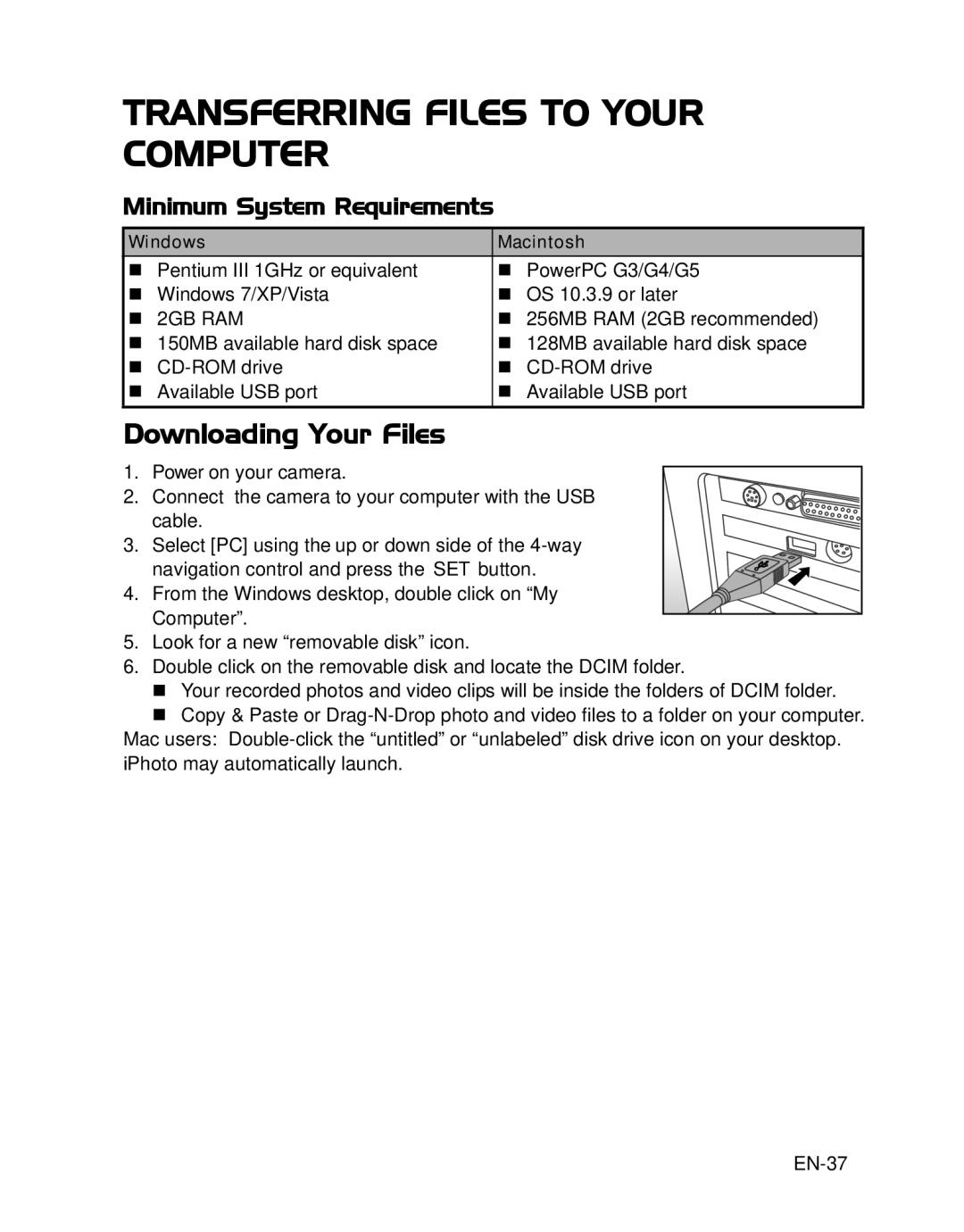 HP s520 manual Transferring Files to Your Computer, Downloading Your Files, Minimum System Requirements, EN-37 