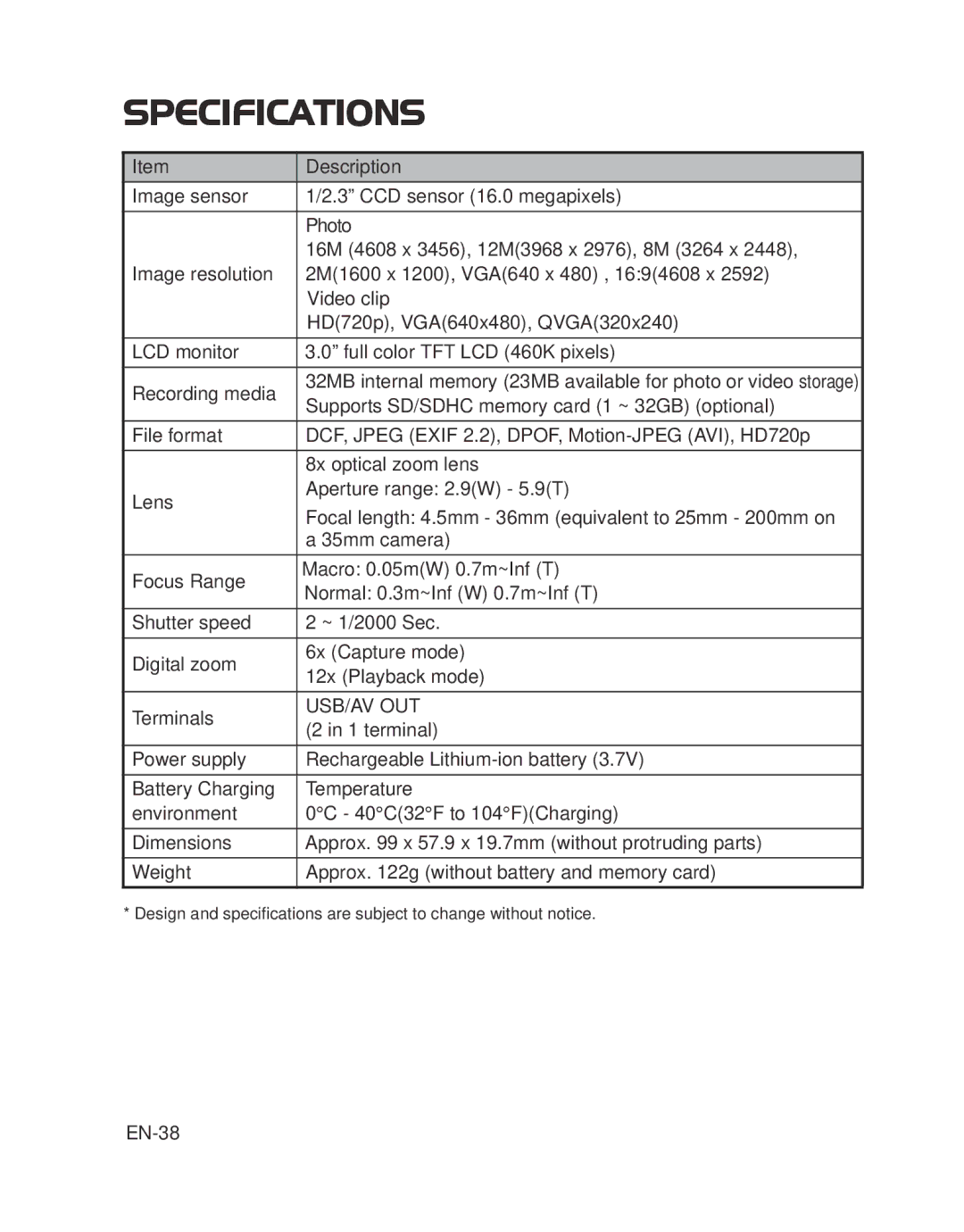 HP s520 manual Specifications, EN-38 