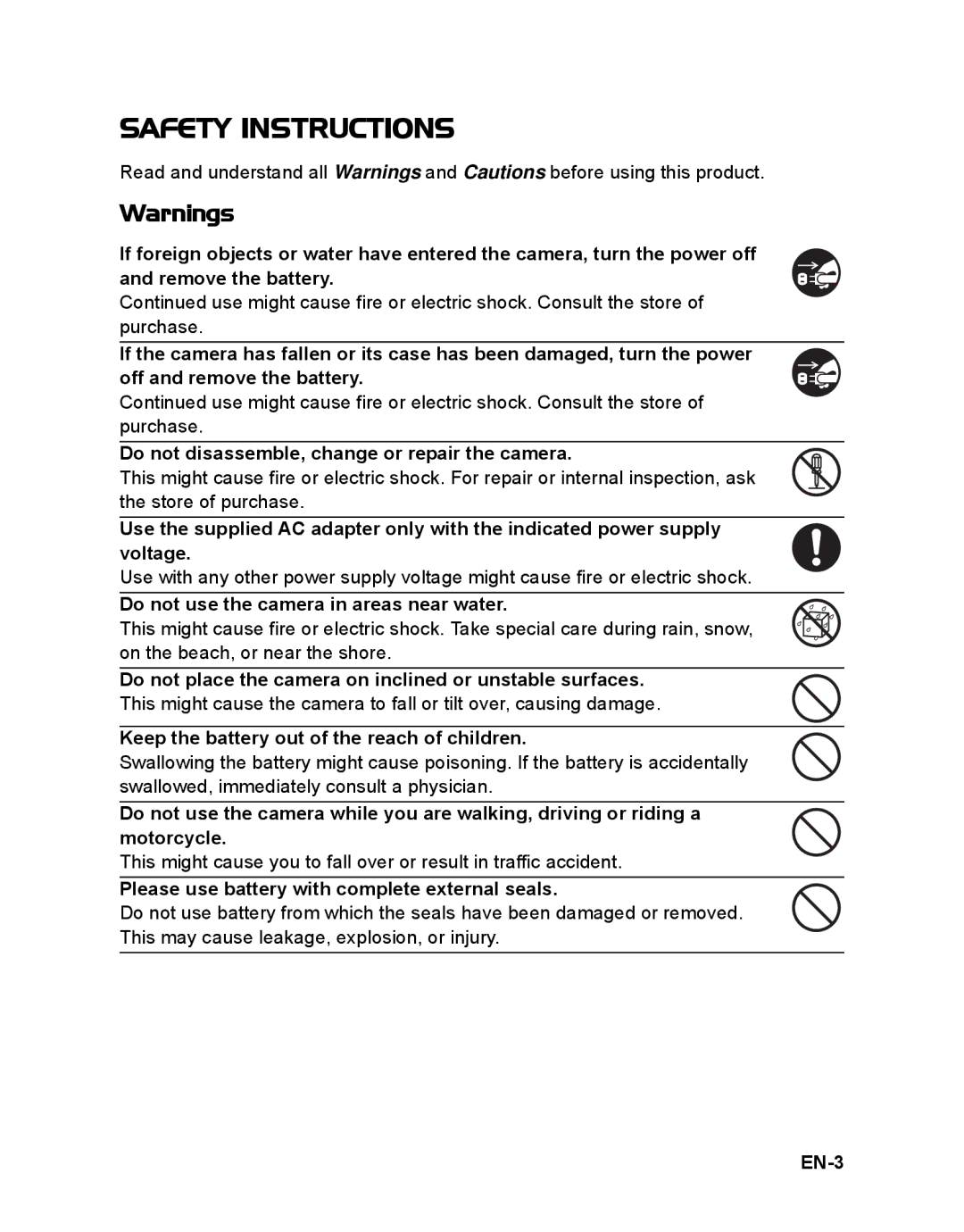 HP s520 manual Do not disassemble, change or repair the camera, Do not use the camera in areas near water, EN-3 