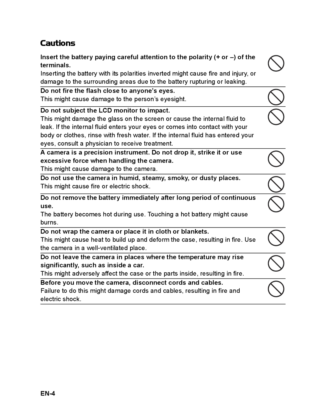 HP s520 manual Do not fire the flash close to anyone’s eyes, Do not subject the LCD monitor to impact, EN-4 