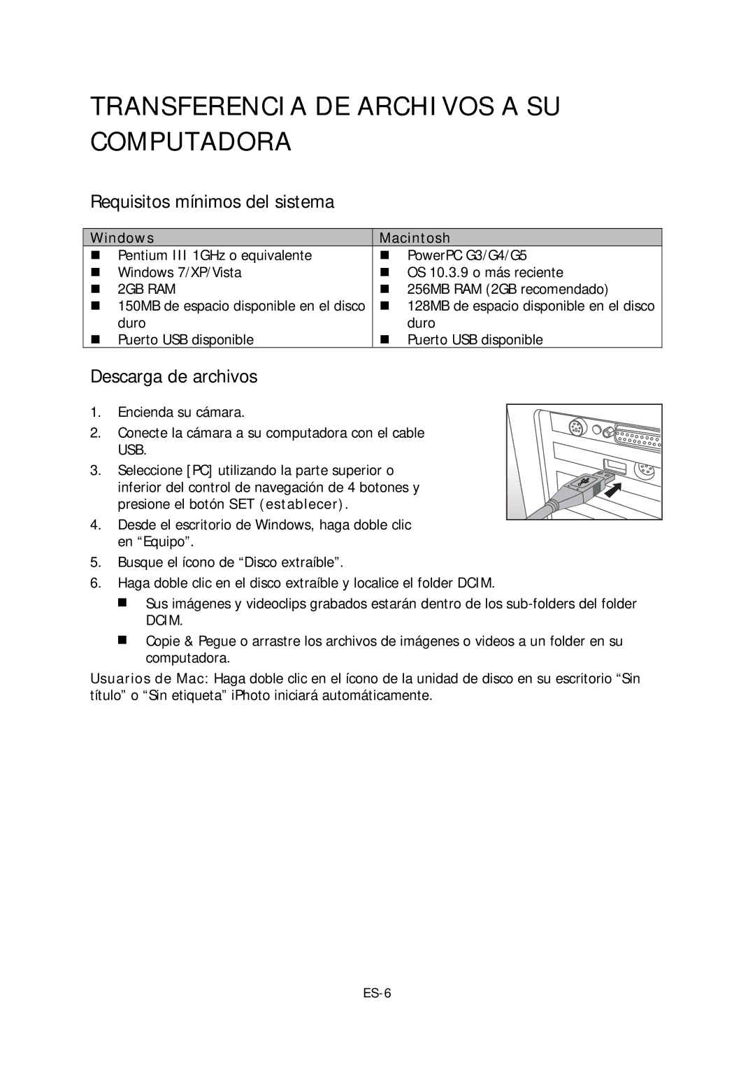 HP s520 manual Transferencia DE Archivos a SU Computadora, Requisitos mínimos del sistema 